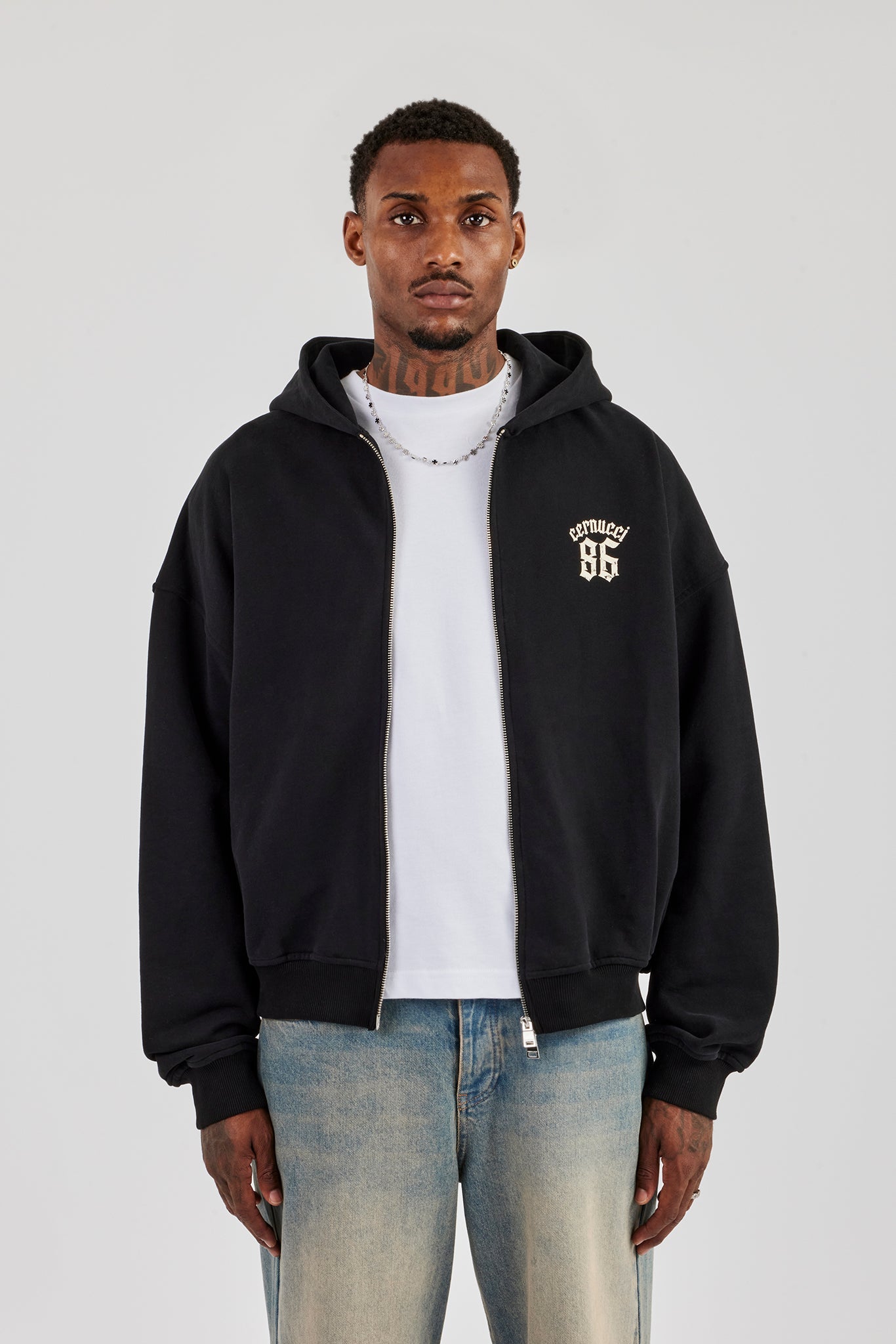 86 Back Print Zip Through Boxy Hoodie - Black